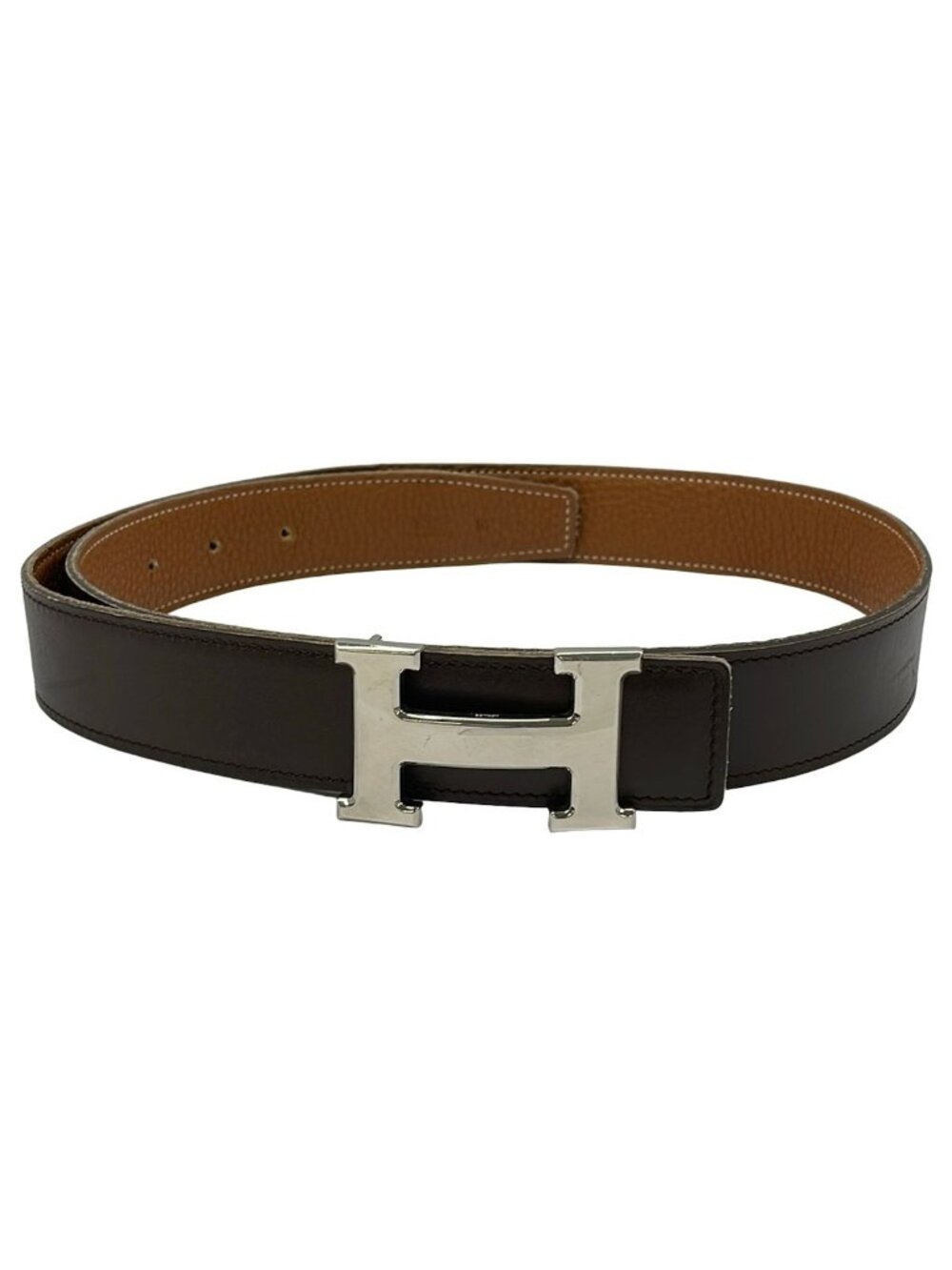 Hermes Belt 85 H Dark Brown Gold Silver Reversible